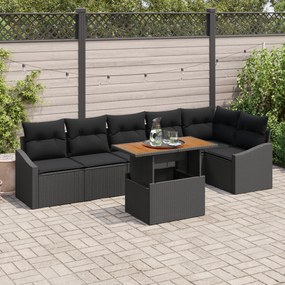 Conjunto de Sofá de Jardim de 7 Peças com Almofadas Preto Rattan Polié