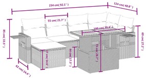 7 pcs conjunto sofás p/ jardim c/ almofadões vime PE cinzento