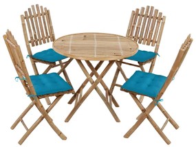 vidaXL 5 pcs conj. de jantar dobrável c/ almofadões p/ exterior bambu