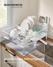 Escorredor de pratos (31-56) x 42 x 20 cm com tapete de silicone e ralo, branco mate-cinza