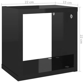 Prateleiras parede forma de cubo 6 pcs 22x15x22 cm preto brilh.