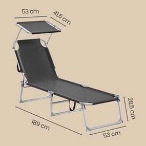 Espreguiçadeira jardim dobrável, com capacidade para 110 kg, com pára-sol ajustável Preto
