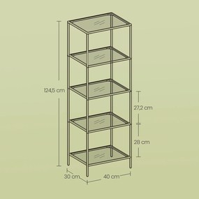Estante de arrumação de vidro, aço com 5 prateleiras 35 x 40 x 124,5 cm preto