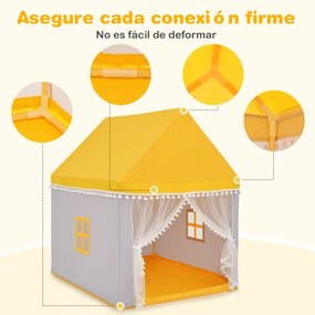 Casa em formato de barraca para crianças com estrutura em madeira maciça e manta de algodão 120 x 105 x 140 cm amarela