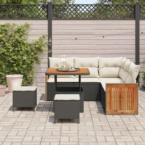 Conjunto de Sofá de Jardim 8 Peças com Almofadas Pretas em Rattan Acác