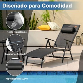 Espreguiçadeira de jardim reclinável Encosto portátil ajustável em 7 posições Carga 150 kg para piscina, Varanda, jardim Preta