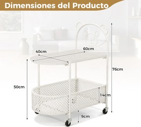 Mesa lateral de vidro móvel moderna de 2 níveis com padrão de urso Cesto de metal Rodas para sala de estar Quarto de estudo Branco