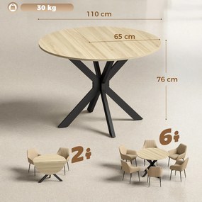 Mesa de Cozinha Redonda Dobrável para 2-6 Pessoas com Aba Rebatível Estrutura de Aço em X Duplo Ø110x76 cm Madeira