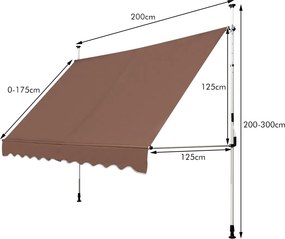 Toldo Exterior Terraço varanda 200 x 125 cm  Altura Ajustável 2-3 m com Manivela e Resistente às Intempéries Castanho