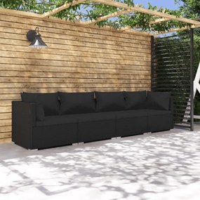 4 pcs conjunto lounge de jardim c/ almofadões vime PE preto