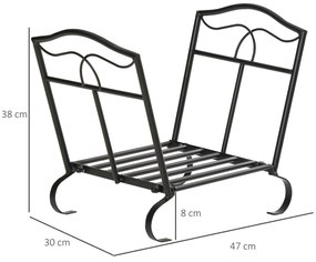 Suporte para Lenha Metálico Porta Lenha Exterior e Interior com Grade e Base Elevada Carga Máxima 40kg 47x30x38cm Preto