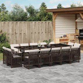 vidaXL 15 pcs conjunto jantar p/ jardim c/ almofadões vime PE castanho