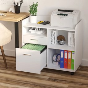 Armário para Impressora com 3 Compartimentos 2 Gavetas para Arquivos Prateleira 2 Rodas com Freios 80x40x72 cm Branco