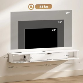 Móvel de TV Suspenso, 140 x 24 x 16 cm, Para Televisores até 60 Polegadas, Branco