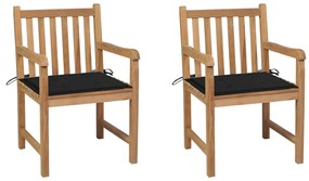 vidaXL Cadeiras de jardim c/ almofadões pretos 2 pcs teca maciça