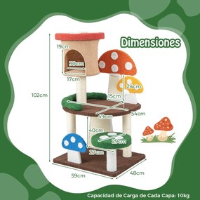 Arranhador para gatos 4 em 1 formato cogumelos Plataforma com Postes de Sisal e Tábuas de Arranhar Multicolor