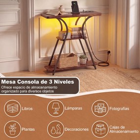 Mesa consola com luzes LED e estação de carregamento 79,5 x 30,5 x 81,5 cm, 3 níveis, estantes abertas, kit anti-tombamento, estrutura metálica, para