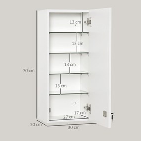 Armário de Medicamentos de Parede 5 Níveis com Prateleiras de Vidro Ajustáveis Fechadura Chaves 30x20x70 cm Branco