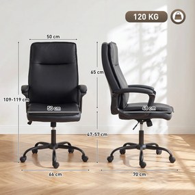 Cadeira de escritório ergonómica, cadeira de escritório em PU, altura ajustável, função de balanço, giratória a 360°, preta
