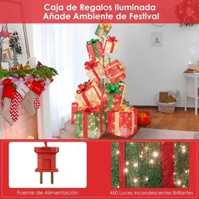 Torre de 170 cm de 15 caixas de presente iluminadas com 450 luzes brancas quentes Base em metal vermelho + azul + dourado
