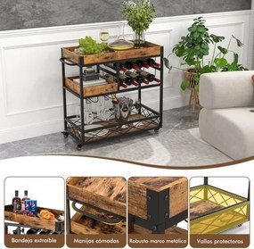 Carrinho garrafeira e de serviço de bar de 3 níveis Tabuleiro amovível Suporte de vinho Suporte de copos para cozinha Sala de jantar 80x40x83cm Castan