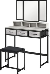 Toucador de Maquilhagem 90x40x141 cm com Espelho Tríptico Removível, Banco Prateleiras e Suporte para Secador Cinzento