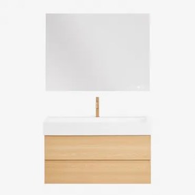 Conjunto De Móvel De Casa De Banho Suspenso Em Madeira E Folha De Freixo Com Lavatório Integrado Ona Madeira Natural & Retangular - Sklum
