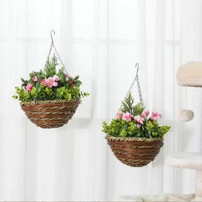 Conjunto de 2 Plantas Lisianthus Suspensas Artificiais para Interior e Exterior com Vaso e Correia Ø25x34 cm Rosa e Verde