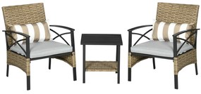 Outsunny Conjunto de Poltronas e Mesa de Centro de Vime 3 Peças Conjunto de Móveis de Vime com Almofadas Acolchoadas e Estrutura de Aço para Varanda Pátio 46x46x48cm e 59x71x80cm Marrom Claro