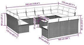 14 pcs conjunto de sofás p/ jardim c/ almofadões vime PE preto