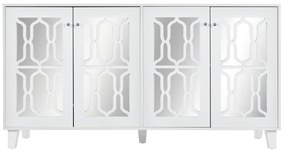 Aparador Branco com Espelho e Puxadores de Cristal, 4 Portas, Prateleira Interna Ajustável, Perfeito para Sala de Estar e Sala de Jantar, 160x40x84cm, Branco
