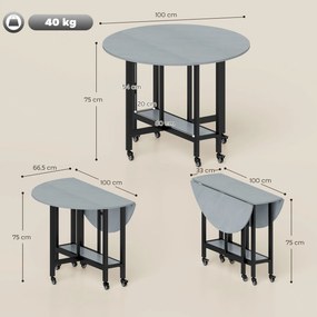 Mesa de Jantar Dobrável (CADEIRAS NÃO INCLUIDAS) com Rodas e Prateleira Aberta Mesa de Cozinha para Espaços Pequenos Cinzento Cimento