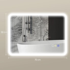 Espelho de casa de banho LED com Bluetooth, 50 x 70 cm, interruptor tátil, luz regulável, 3 cores, antiembaciamento, memória, prateado
