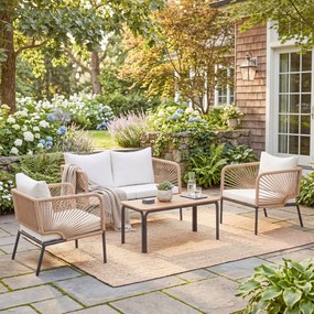 Conjunto Jardim de 4 Peças Móveis de Exterior com Sofá de 2 Lugares 2 Poltronas e Mesa de WPC Branco e Castanho