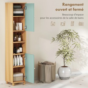 Móvel de casa de banho 30 x 30 x 166 cm, móvel de arrumação com 2 armários, 2 compartimentos abertos e prateleiras ajustáveis, verde