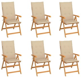 vidaXL Cadeiras de jardim c/ almofadões beges 6 pcs teca maciça