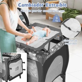 Berço de viagem dobrável 5 em 1 Centro de berçário portátil para bebés com Moisés Berço Trocador Toldo Música Rodas 102 x 72 x 74 cm Cinzento