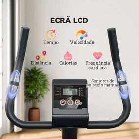 Bicicleta Estática com 8 Níveis de Resistência Magnética Sensor de Frequência Assento Ajustável Ecrã LCD 88x50,5x131,5 cm Preto