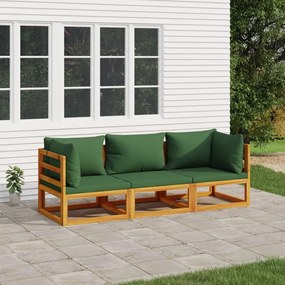vidaXL 3 pcs conj. lounge jardim madeira c/almofadões verdes