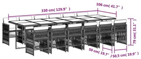 13 pcs conj. jantar jardim c/ almofadões vime PE cinzento-claro