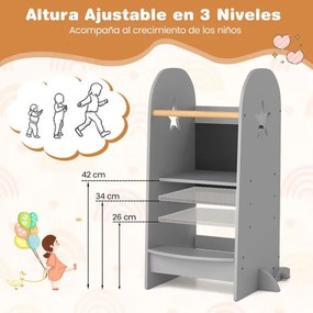Torre de cozinha multifunções para crianças com altura regulável e corrimão duplo de segurança em ardósia Banco de apoio cinzento