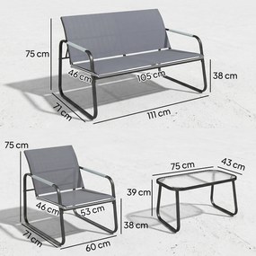 Conjunto de Jardim Exterior com 1 Sofá de 2 Lugares 2 Poltronas e Mesa com Tampo de Vidro Temperado Textilene Respirável Cinzento