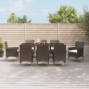 vidaXL 9 pcs conjunto jantar p/ jardim c/ almofadões vime PE castanho