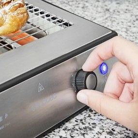 Torradeira Plana Horizontal Turbo Easy Toast Inox. 3 Resistências de quartzo, 6 níveis de potência, bandeja de migalhas, rebaixo do cabo, acabamentos