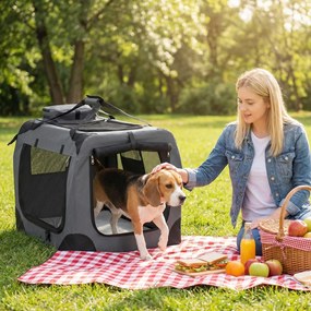 Transportadora dobrável tamanho M 72 x 52,5 x 52,5 cm para animais de estimação, com janelas de rede, 3 portas, cama felpuda e bolsos removíveis, para