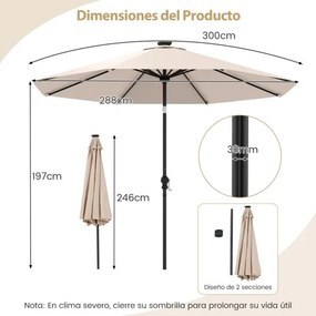Guarda-sol para jardim 3 M com 96 luzes LED, 9 modos, ajuste de inclinação, manivela fácil, 8 hastes, tampa ventilada bege