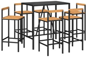 7 pcs conjunto de bar p/ jardim vime PE/acácia maciça preto