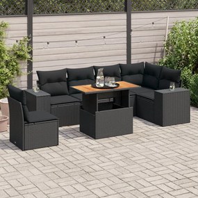 7 pcs conjunto de sofás p/ jardim c/ almofadões vime PE preto