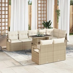 Conjunto de Sofá de Jardim vidaXL 9 Peças com Almofadas Beige Rattan Poli