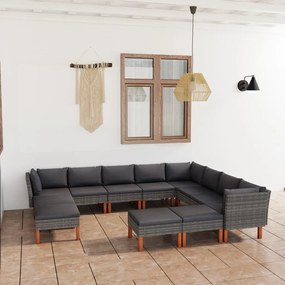 12 pcs conjunto lounge de jardim c/ almofadões vime PE cinzento